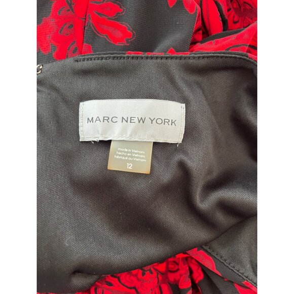 Marc New York Fit and Flare Midi Dress Womens 12 Red Floral Bell Sleeve Flowy - Picture 4 of 7